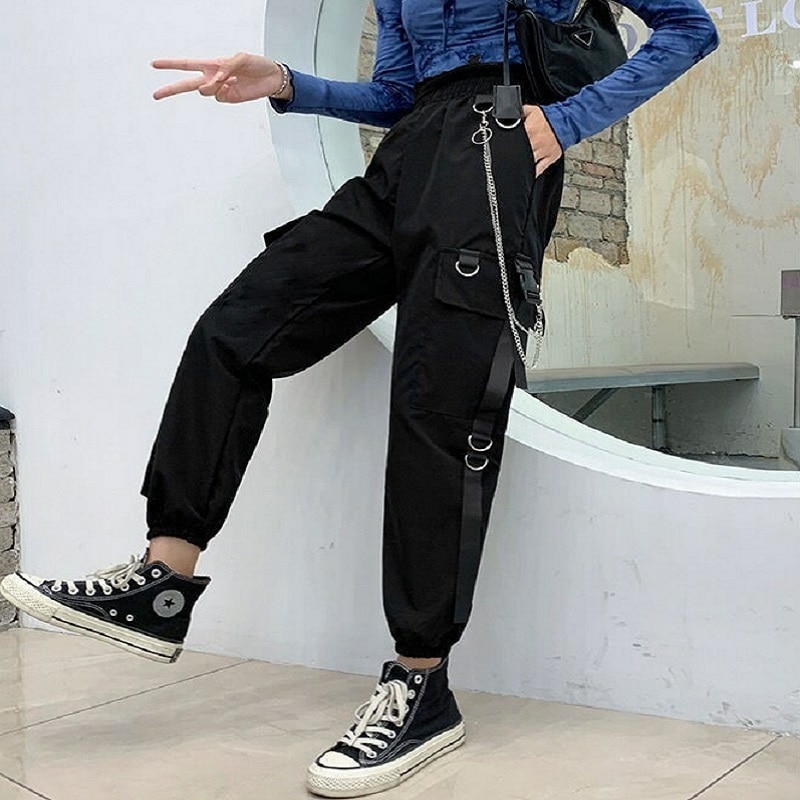 HOUZHOU Gothic Women Black Cargo Pants Harajuku Punk Chain Trousers  Feminino Hip