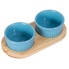 PETISQUEIRA DE MADEIRA COM 2 RAMEKIN POTINHOS PORCELANA AZUL PARA PETISCO MOLHOS DOCES AZEITONA 100ML CADA