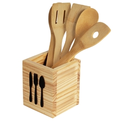 Porta talheres garfo faca colher utensilio de cozinha madeira pinus envernizada com aplique 15x12cm mesa - comprar online