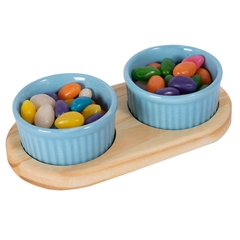 PETISQUEIRA DE MADEIRA COM 2 RAMEKIN POTINHOS PORCELANA AZUL PARA PETISCO MOLHOS DOCES AZEITONA 100ML CADA - loja online