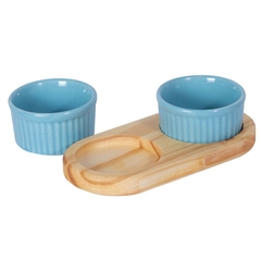 Imagem do PETISQUEIRA DE MADEIRA COM 2 RAMEKIN POTINHOS PORCELANA AZUL PARA PETISCO MOLHOS DOCES AZEITONA 100ML CADA