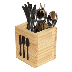 Porta talheres garfo faca colher utensilio de cozinha madeira pinus envernizada com aplique 15x12cm mesa