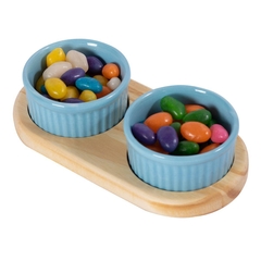 PETISQUEIRA DE MADEIRA COM 2 RAMEKIN POTINHOS PORCELANA AZUL PARA PETISCO MOLHOS DOCES AZEITONA 100ML CADA