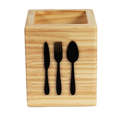 Porta talheres garfo faca colher utensilio de cozinha madeira pinus envernizada com aplique 15x12cm mesa - loja online