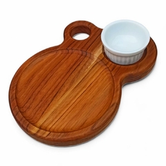 Tábua para Servir Hamburguer em Madeira Teca com Porta Molho em Porcelana 40ml Suporte Madeira Nobre Burguer Lanches Gou