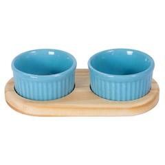 PETISQUEIRA DE MADEIRA COM 2 RAMEKIN POTINHOS PORCELANA AZUL PARA PETISCO MOLHOS DOCES AZEITONA 100ML CADA na internet