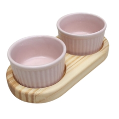 PETISQUEIRA DE MADEIRA COM 2 RAMEKIN POTINHOS PORCELANA AMARELA PARA PETISCO MOLHOS DOCES AZEITONA 100ML CADA