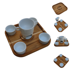 KIT FONDUE MINI APARELHO 4 POTES PORCELANA BANDEJA MADEIRA TECA na internet