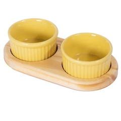 PETISQUEIRA DE MADEIRA COM 2 RAMEKIN POTINHOS PORCELANA AMARELA PARA PETISCO MOLHOS DOCES AZEITONA 100ML CADA na internet