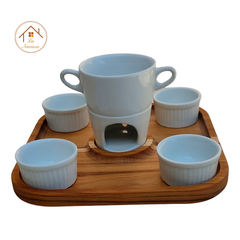 KIT FONDUE MINI APARELHO 4 POTES PORCELANA BANDEJA MADEIRA TECA - comprar online