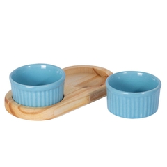 PETISQUEIRA DE MADEIRA COM 2 RAMEKIN POTINHOS PORCELANA AZUL PARA PETISCO MOLHOS DOCES AZEITONA 100ML CADA - La Nacasa Utilidades