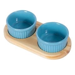 PETISQUEIRA DE MADEIRA COM 2 RAMEKIN POTINHOS PORCELANA AZUL PARA PETISCO MOLHOS DOCES AZEITONA 100ML CADA - comprar online