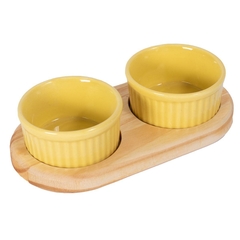 PETISQUEIRA DE MADEIRA COM 2 RAMEKIN POTINHOS PORCELANA AMARELA PARA PETISCO MOLHOS DOCES AZEITONA 100ML CADA