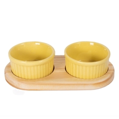 PETISQUEIRA DE MADEIRA COM 2 RAMEKIN POTINHOS PORCELANA AMARELA PARA PETISCO MOLHOS DOCES AZEITONA 100ML CADA - loja online