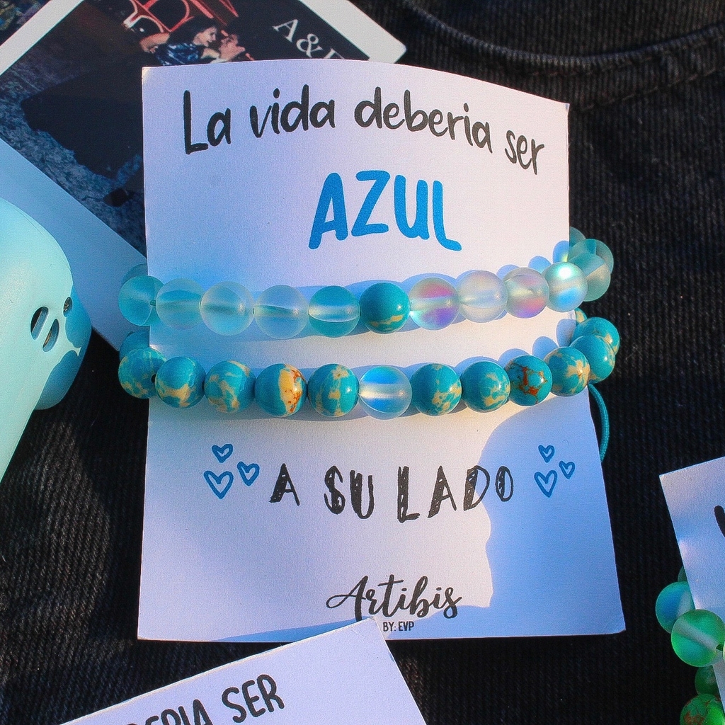 Pulseras distancia onix blanco y aventurina azul