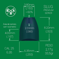 SLUGS RBS PREMIUM 125 UN, 6.35mm (.25), 2.17g (33.5gr), CHUMBINHO DE ALTA QUALIDADE E PRECISÃO BIG BORE - RBS Chumbos e Slugs