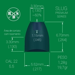 SLUGS RBS PREMIUM 250 UN, 5.5mm (.217), 1.28g (19.7gr), CHUMBINHO DE ALTA QUALIDADE E PRECISÃO - loja online