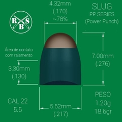 SLUGS RBS POWER PUNCH PP 125 UN. 5.5mm (.217), 1.18g (18.2gr), CHUMBINHO COM PONTA DE AÇO COBREADA DE ALTO IMPACTO - RBS Chumbos e Slugs