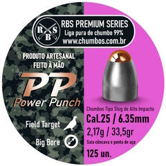 SLUGS RBS POWER PUNCH PP 125 UN. 6.35mm (.25), 2.17g (33.5gr), CHUMBINHO BIG BORE COM PONTA DE AÇO COBREADA DE ALTO IMPACTO