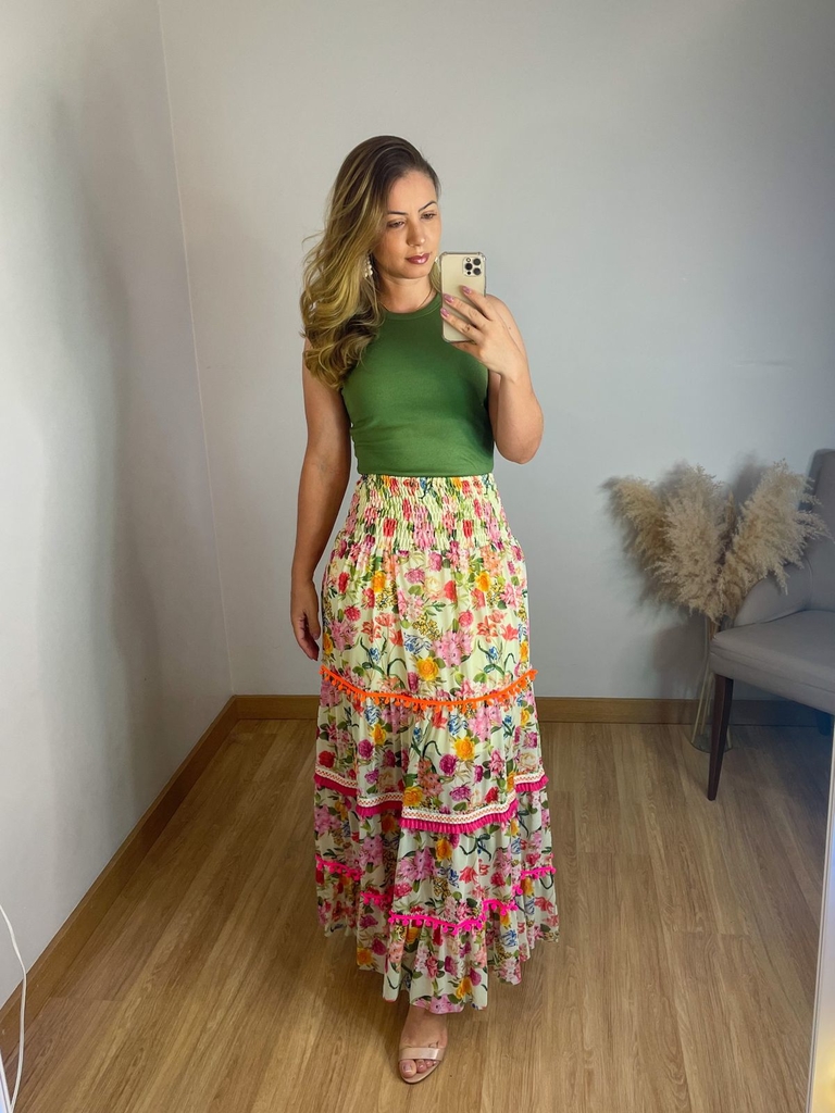 Saia Midi Com Cintura Elástica E Estampa Floral Saia Boho - Temu