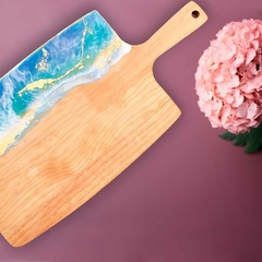 Tabla de Cortar y Servir Rectangular con Mango Artesanal Decorada con Resina "Olas de Mar" - tienda en línea