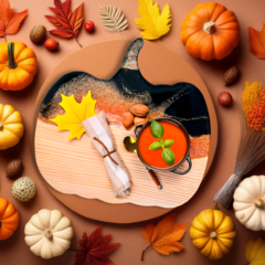 Imagen de Tabla de cortar y servir artesanal en forma de calabaza decorada con resina diseño Otoño.