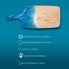 Imagen de Tabla de Cortar Y servir Rectangular con Mango Largo Decorada Artesanal Olas de Mar