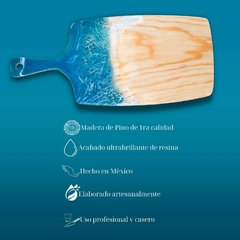 Tabla de Cortar Y servir Rectangular con Mango Largo Decorada Artesanal Olas de Mar