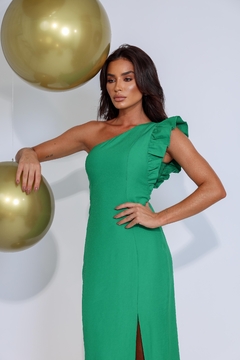 VESTIDO MIDI UM OMBRO BABADO E FENDA - Maison Soie