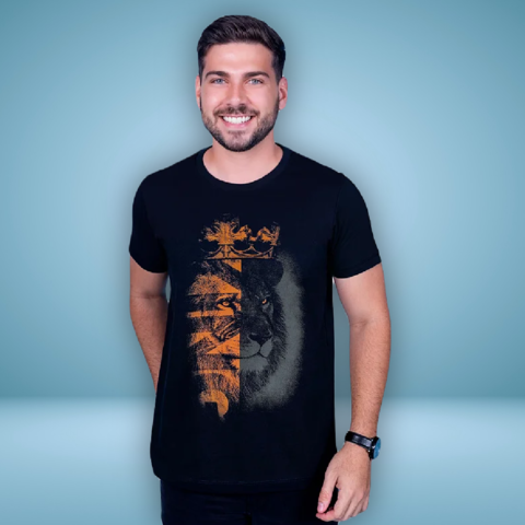 T-Shirt Masculino King Leão Laranja - Preto