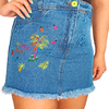 Saia Jeans Feminina C Bordado Colorido Tropical Cintura Alta