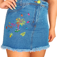 Saia Jeans Feminina C Bordado Colorido Tropical Cintura Alta