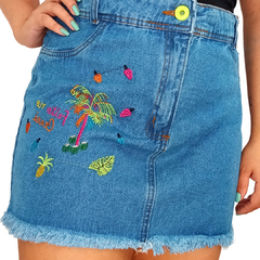 Saia Jeans Feminina C Bordado Colorido Tropical Cintura Alta - comprar online