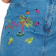 Saia Jeans Feminina C Bordado Colorido Tropical Cintura Alta na internet