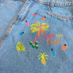 Saia Jeans Feminina C Bordado Colorido Tropical Cintura Alta - loja online