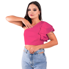 Blusa Cropped Nula Manga com Babado Lateral