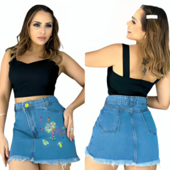 Saia Jeans Feminina C Bordado Colorido Tropical Cintura Alta na internet