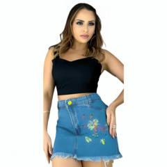 Saia Jeans Feminina C Bordado Colorido Tropical Cintura Alta