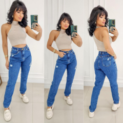 Imagem do Calça Jeans Cintura Alta Modelo Mom Lavagem Escura