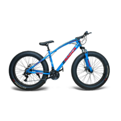 BICICLETA 21 MARCHAS FAT BIKE CÂMBIO SHIMANO ARO 26 PNEU LARGO MOUNTAIN BIKE JAGUAR Z-RADER - AZUL C/ VERMELHO