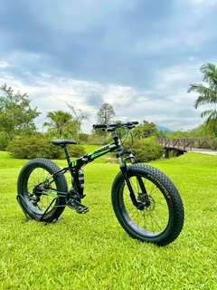 BICICLETA DOBRÁVEL 7 MARCHAS AÇO CARBONO ARO 24 FAT PNEU LARGO MOUNTAIN BIKE Z-RADER - PRETA/VERDE na internet