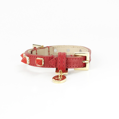 coleira importada de luxo em couro vermelho com acabamento dourado para animal de estimação