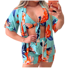 Promoção do Conjunto 3 peças Kimono Short Top Feminino Casual Gringa Balada na internet