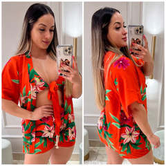 Promoção do Conjunto 3 peças Kimono Short Top Feminino Casual Gringa Balada - loja online