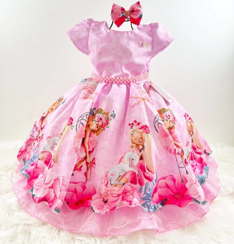 Vestido Infantil Barbie Princesa Rosa Chiclete com Cinto