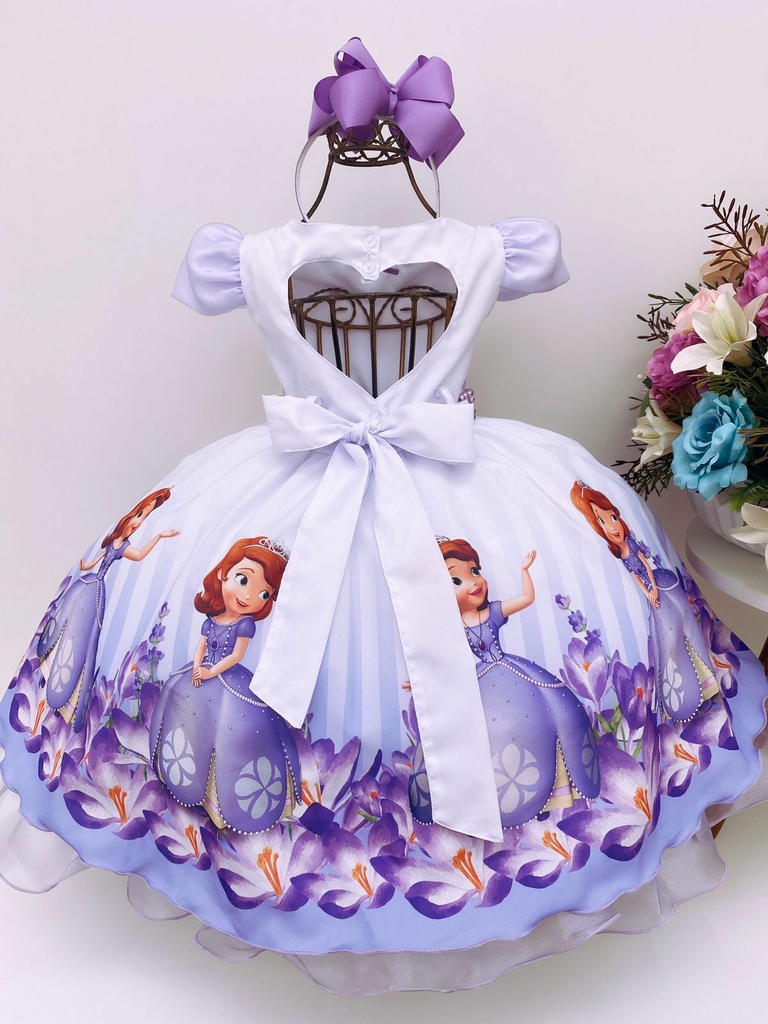 Vestido Infantil Princesa Sofia Lilás Aplique Pérolas Luxo