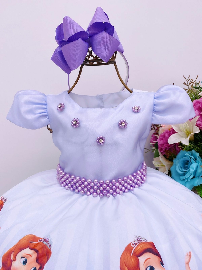 Vestido princesinha Sofia para meninas, aplique de pérola infantil, cosplay  infantil, roupa fofa de Halloween, luxo, novo