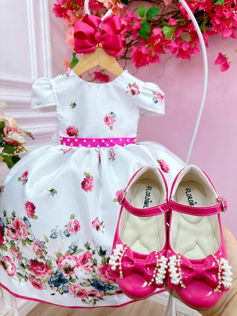 Vestido Infantil Rosa C/ Renda Strass e Pérolas Princesas