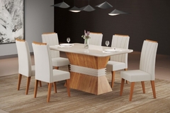 COJUNTO MESA EVEREST BASE MEL TAMPO DE VIDRO OFF-WHITE COM 6 CADEIRAS SAFIRA COR LINHO BRONZE VIERO MOVEIS