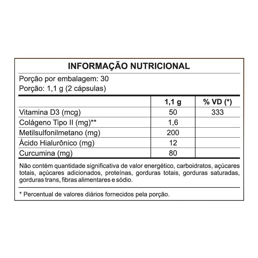 COLÁGENO TIPO II + CURCUMA + ÁCIDO HIALURÔNICO + VITAMINA D3 + MSM